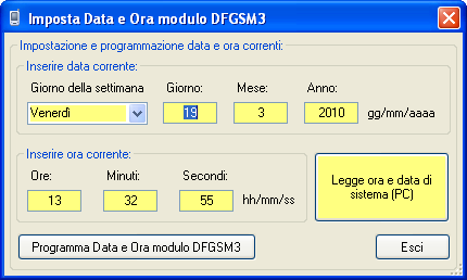 Domino DFGSM3: manuale di programmazione R.1.1 DUEMMEGI 6.6 - Impostazione Data e Ora modulo DFGSM Questa funzione serve per impostare la data e l'ora del modulo DFGSM3.