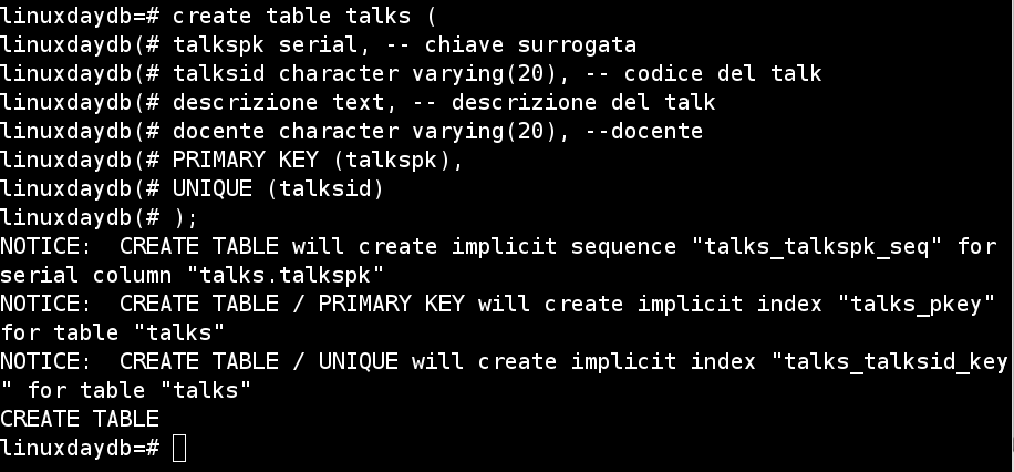 Creazione di una semplice tabella Ci si collega al database linuxdaydb e si impartiscono i comandi necessari: CREATE TABLE Si noti la