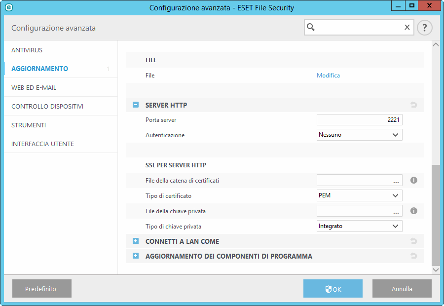 SSL per server HTTP Se si desidera eseguire il server HTTP con il supporto HTTPS (SSL), è necessario aggiungere il File della catena di certificato o generare un certificato autofirmato.