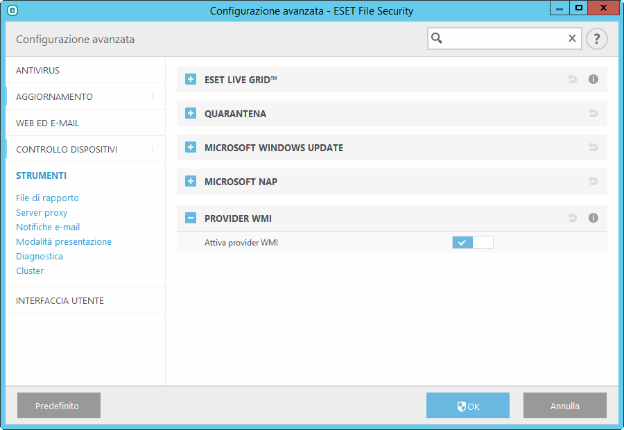 8.2.5.5.1 Dati forniti Tutte le classi WMI correlate al prodotto ESET sono posizionate nello spazio dei nomi "root\eset".