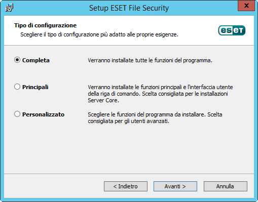 Tipi di installazione: Completa : tipo di installazione consigliato che consente di installare tutte le funzionalità di ESET File Security.