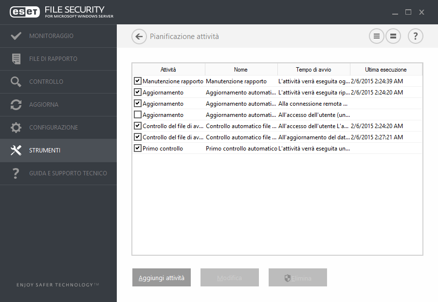 8.4 Pianificazione attività È possibile accedere a Pianificazione attività nel menu principale di ESET File Security in Strumenti.