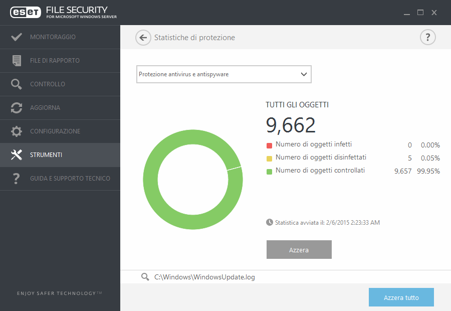 7.7.5 Statistiche di protezione Per visualizzare un grafico dei dati statistici relativi ai moduli di protezione di ESET File Security, fare clic su Strumenti > Statistiche di protezione.