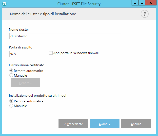 8.1.2.2 Procedura guidata cluster: pagina 2 Definire il nome del cluster e la modalità di distribuzione del certificato e decidere se installare o meno il prodotto sugli altri nodi.