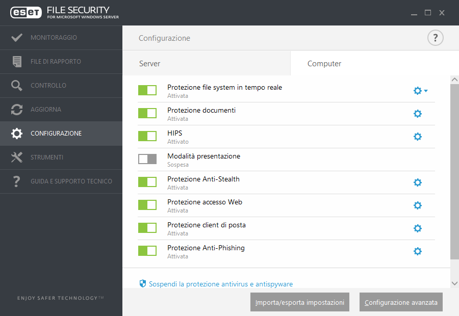 Il modulo Computer consente all'utente di attivare/disattivare e configurare i seguenti componenti: Protezione file system in tempo reale: tutti i file vengono sottoposti a controllo per la ricerca