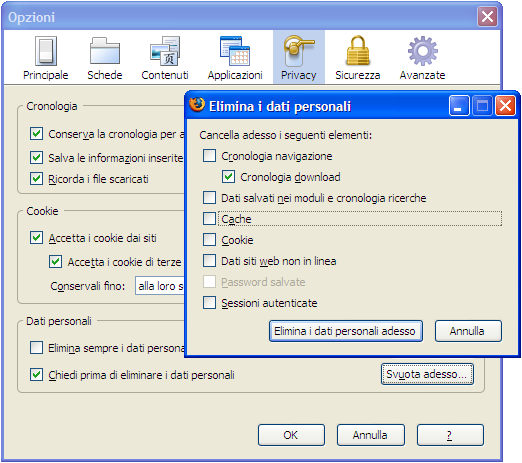73 In alternativa, si può: selezionare il menu Strumenti / Opzioni nella finestra che compare, scegliere la scheda Privacy nella sezione Dati personali, premere il pulsante Svuota adesso dalla