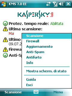 Kaspersky Mobile Security PER Microsoft Windows Mobile 43 La scheda Scansione consente di eseguire una scansione anti-virus del dispositivo mobile, modificare le impostazioni di scansione e la