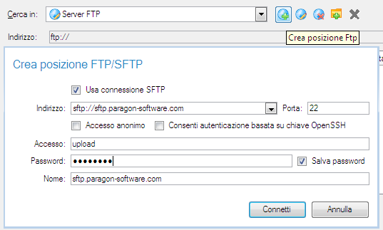 32 - Usa connessione SFTP. Selezionare l'opzione per connettersi al server SFTP desiderato; - Indirizzo. Digitare il relativo indirizzo; - Porta.