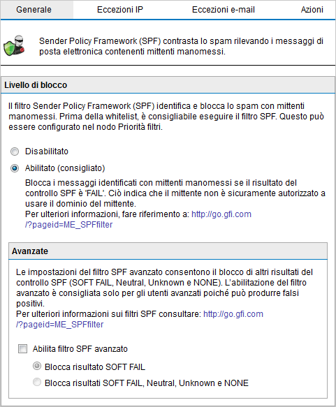 Schermata 71: abilitazione e configurazione delle proprietà Sender Policy Framework (SPF) 2. Per abilitare Sender Policy Framework, fare clic su Abilitato.