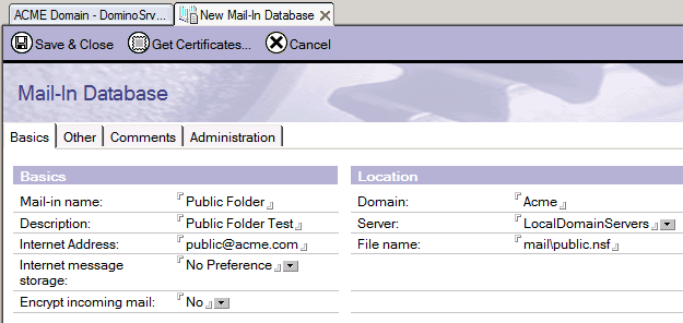 Schermata 10: Nuovo mail-in database 7. Da Lotus Notes Administrator, configurare la cartella per l utilizzo della posta. Andare a People and Groups (Persone e gruppi) e selezionare Mail-In Database.