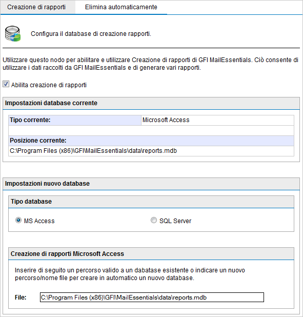 Configurazione di un database back-end Microsoft Access Schermata 34: configurazione di un database back-end Microsoft Access 1. Selezionare Creazione di rapporti > Impostazioni. 2.