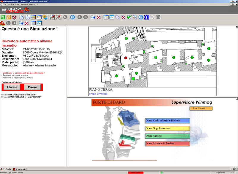 Architettura Simulazione di un evento Siamo nella sala regia dell edificio, nel quale sono installati i sistemi di Rilevazione Incendio, Antintrusione, Controllo Accessi e TVCC DEF/Esser, tutti gli