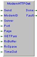 7.15.6 ModemHTTPGet, executes a HTTP Get request FB Library emodemlib_e000 Questo blocco funzione esegue una richiesta HTTP inserendo in linea dei parametri GET, si collega al blocco funzione di