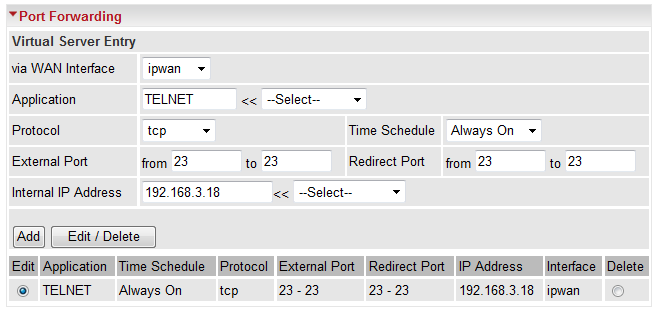Protocol Time Schedule External Port Redirect Port Internal Address predefinita dalla lista a scomparsa. Selezionare il protocollo da monitorare.