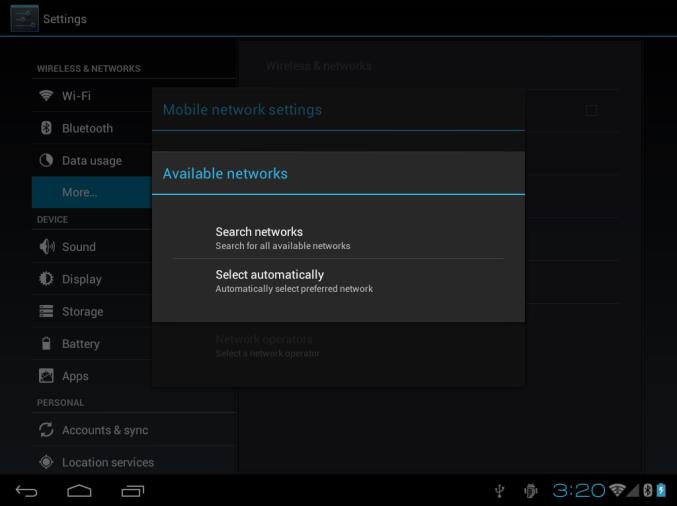 Qui è possibile selezionare l'opzione "Mobile networks (reti mobili )". In questa schermata, assicurarsi che "Modem power " e "Data enabled " siano selezionate.