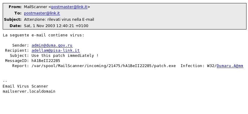 Capitolo 2. Email scan (Posta Elettronica sicura) Di seguito viene riportato un esempio di mail inviata al mittente di una mail infetta. 2.3.