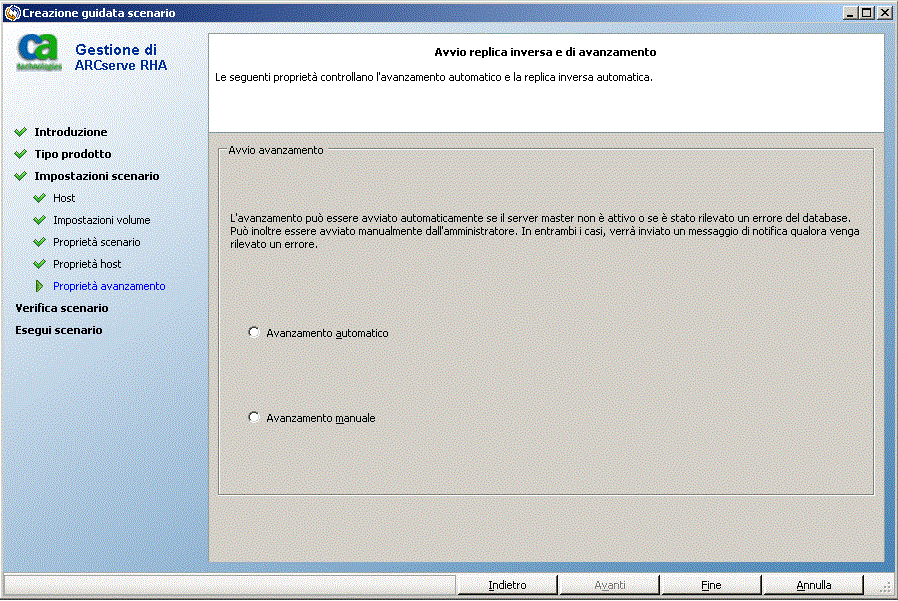 Creazione di un nuovo scenario High Availability per sistemi completi EC2 Viene visualizzata la schermata Avvio replica inversa e di avanzamento. 14. Selezionare un'opzione di avanzamento.