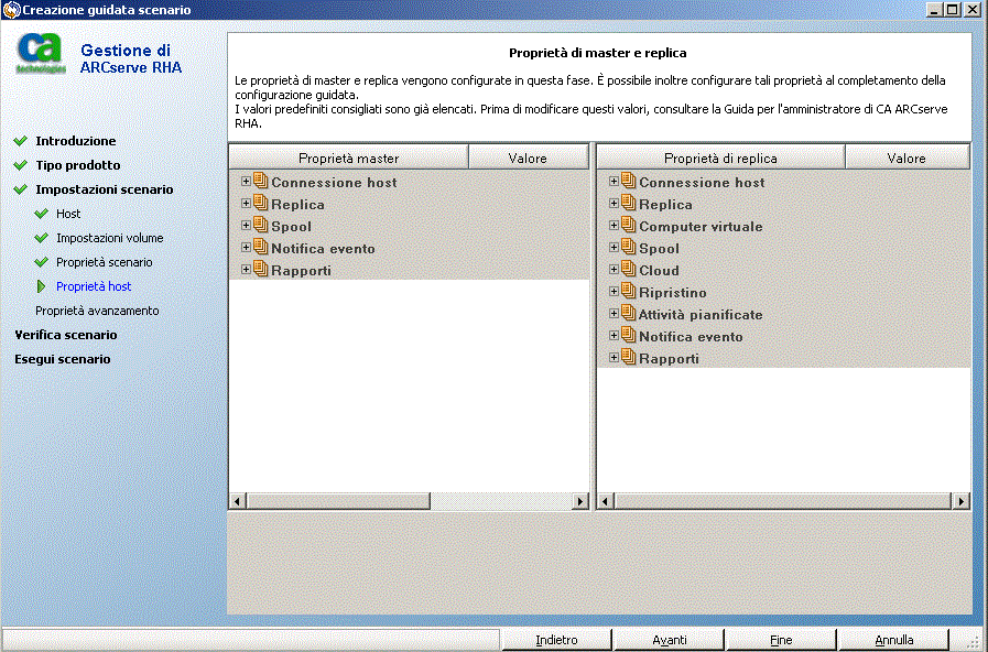 Creazione di un nuovo scenario di replica dei dati su EC2 Viene visualizzata la schermata Proprietà di master e replica. 9.