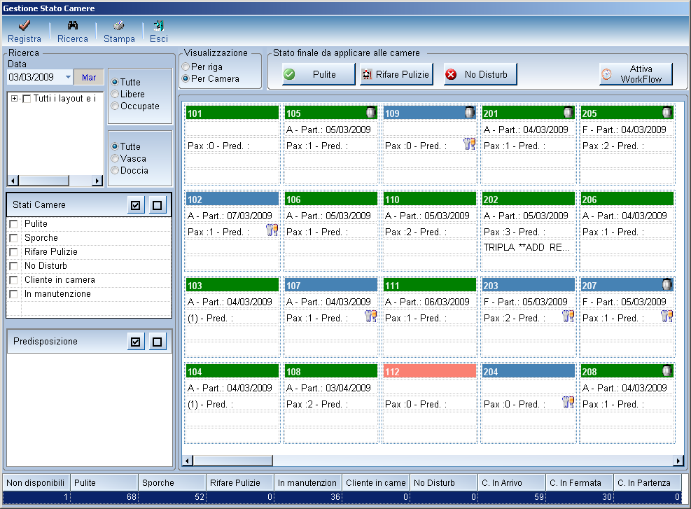 Governante La maschera Governante dà la possibilità di gestire la situazione delle camere modificandone lo stato (da Sporca a Pulita ).