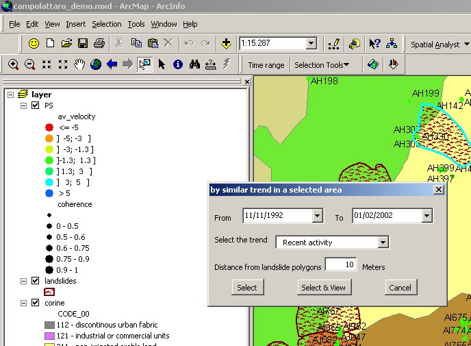 Questo esempio illustra come selezionare punti di misura con andamento simile all interno di un corpo di frana. 1. Aprire il progetto PS_selection_tools.mxd 2.