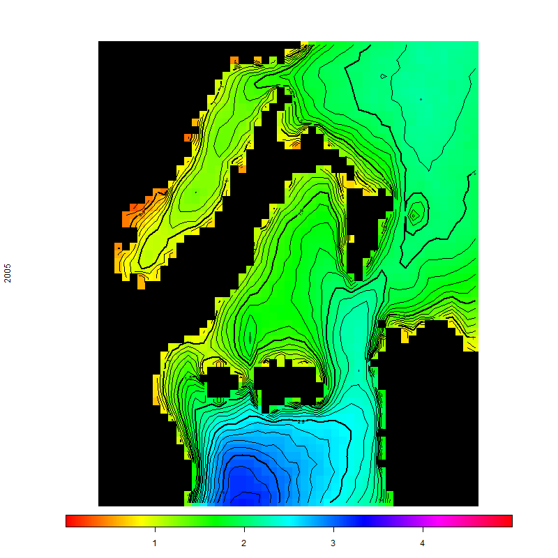 Fig.6 90 percentile dell altezza d onda significativa anno 2005 Le medie climatiche mensili e stagionali mostrano una netta stagionalità del fenomeno derivante dalla variabilità nell arco dell anno