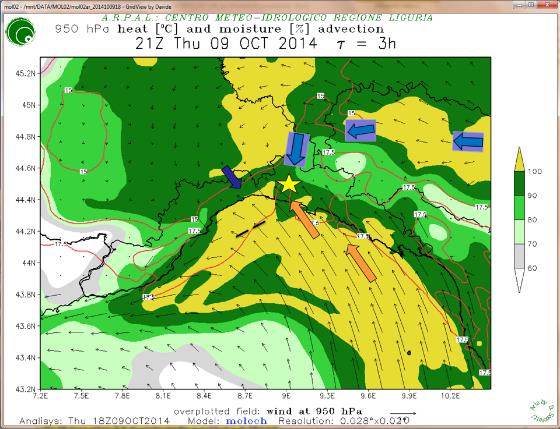 Figura 51 Mappa di umidità (campo colorato verde-giallo), temperatura (isolinee rosse e blu) e venti in quota (barbe nere) a 950 hpa (circa 500 metri di quota) alle 21 UTC (23 locali) del 9/10/2014