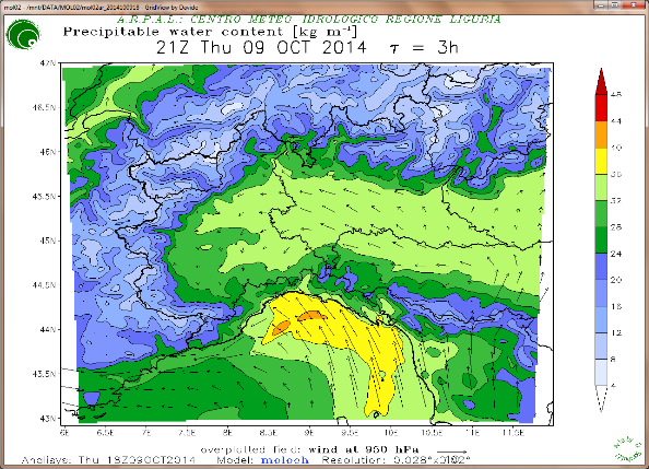 Figura 57 Mappa del contenuto di vapor d acqua precipitabile nell intera colonna verticale alle 21 UTC (23 locali) del 9/10/2014 (previsione a +3 ore del modello Moloch inizializzato alle 18 UTC del