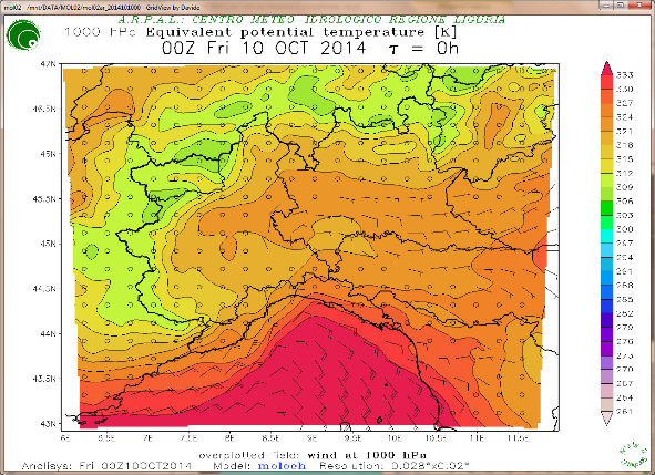 Figura 58 Mappa della temperatura potenziale equivalente a 1000 hpa alle 00 UTC (02 locali) del 10/10/2014 (analisi del modello Moloch inizializzato alle 00 UTC del 10/10/2014).