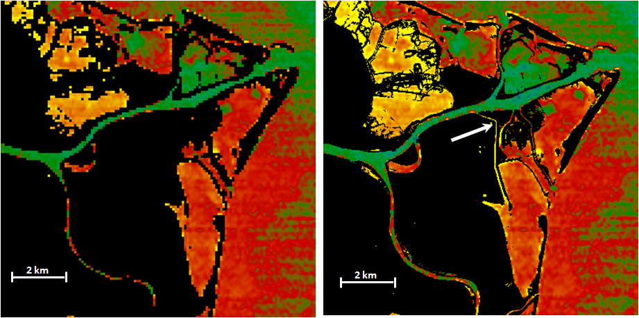 5.4. APPLICAZIONE A DUE CASI REALI 33 Figura 5.6: Mappatura termica del Delta del Po ottenuta col metodo BINT (sinistra) e con l'algoritmo (destra).