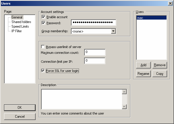 Nella figura seguente, si vede come sia stata abilitata per un dato utente la voce Force SSL for user login (menu Settings/Users), lasciando agli altri utenti la possibilità di effettuare connessioni