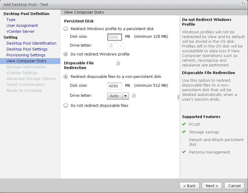 Capitolo 4: Implementazione della soluzione Figura 12. Finestra View Composer Disks Installazione di EMC Avamar 8. Configurare la policy di gruppo di Active Directory per View Persona Management. 9.