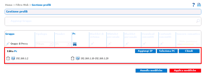 Filtro Web Gestione Profili Elenco di Pc Descrizione Se la categoria scelta è Pc, l'elenco dovrà riportare una lista di computer.