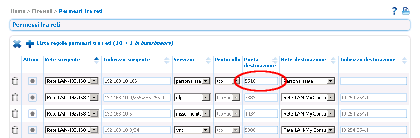 Protocollo Rappresenta la tipologia di comunicazione stabilita fra i due dispositivi: tcp, udp, tcp+udp icmp Questo campo è modificabile sono se si sceglie come Servizio personalizzato.