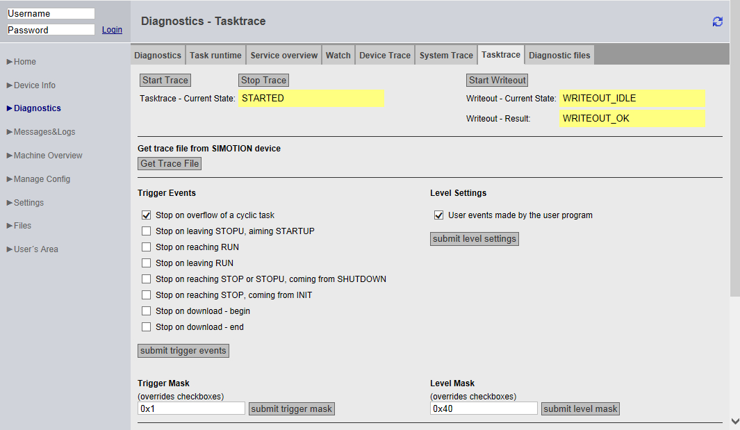 4.3 Pagine standard 4.3.3.6 Tasktrace Tasktrace Questa pagina consente la configurazione e il controllo del tasktrace SIMOTION (incl. condizioni di trigger).