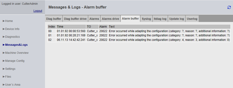 4.3 Pagine standard 4.3.4.5 Alarm buffer Contenuto del buffer allarmi Nella pagina Alarm buffer sono contenute le seguenti informazioni: Index Time TO Alarm Text Numerazione della voce Ora