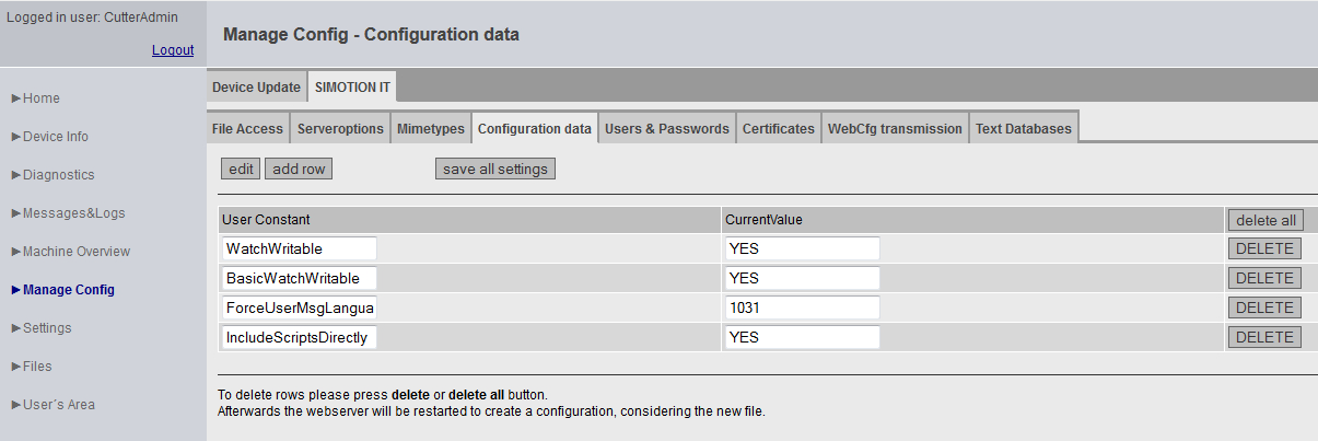 4.3 Pagine standard 4.3.6.10 SIMOTION IT Mimetypes Tipi MIME Figura 4-52 SIMOTION IT Mimetypes In questa scheda è possibile collegare un tipo MIME con un'estensione del file.