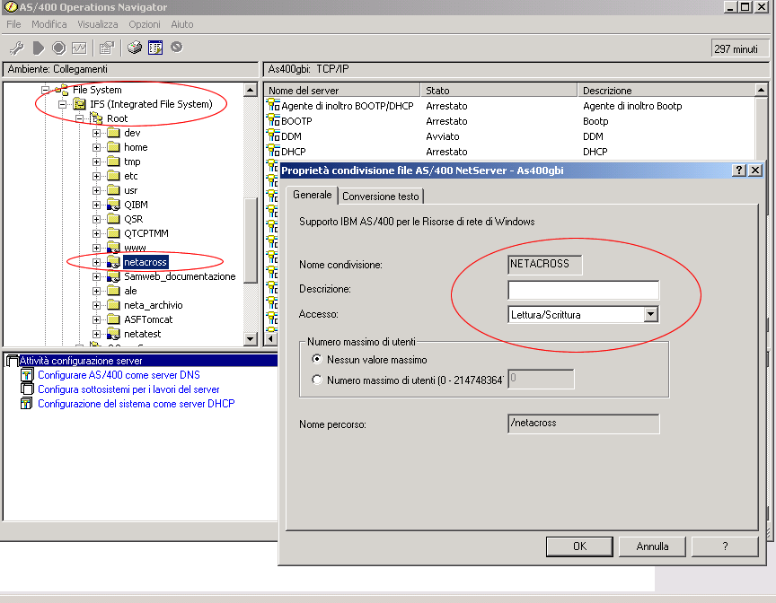 Selezionando Apri su iseries NetServer si accede alla configurazione delle condivisioni.