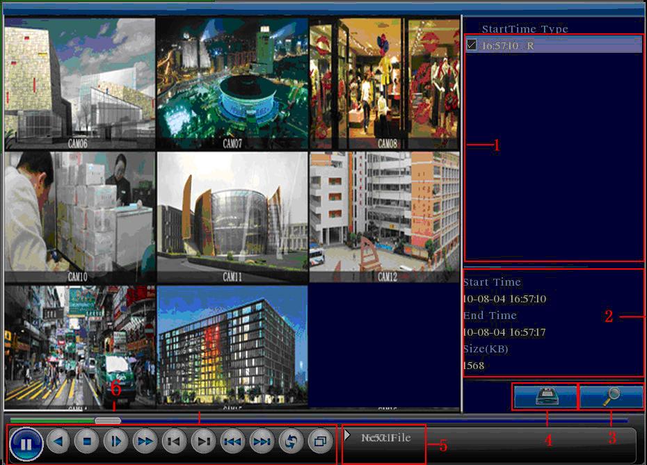 Figura 3.4 Riproduzione video 1. lista file 2. Informazione file 3. Ricerca file 4.