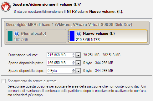 81 selezionare la prima partizione logica, quindi richiamare il relativo menu di scelta rapida (clic sul pulsante destro del mouse) per avviare la finestra di dialogo Sposta/Ridimensiona. 6.