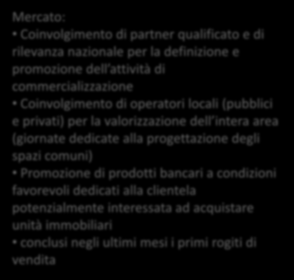 Caso 1: Residenziale ad alta densità (3/3) PROBLEMA ANALISI STRATEGIA MERCATO Mercato: Coinvolgimento di partner qualificato e di rilevanza nazionale per la definizione e promozione dell attività di