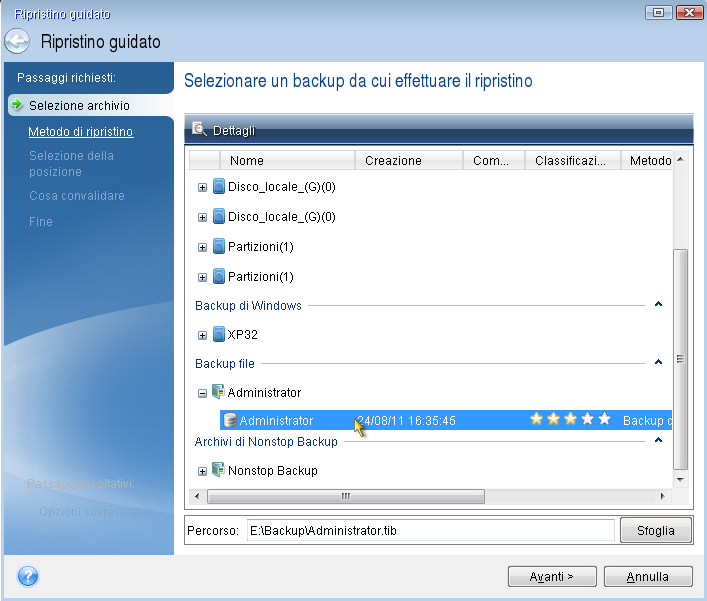 2. Selezionare un backup nel passaggio Posizione archivio e fare clic su Avanti. 3.