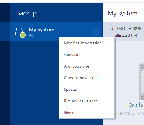 4.4 Operazioni con i backup In questa sezione Menu delle operazioni di backup... 60 Convalida dei backup... 61 Backup in posizioni diverse... 61 Aggiunta di un backup esistente all'elenco.