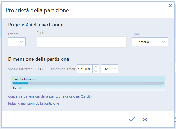 9. Fare clic sul collegamento Proprietà della partizione e configurare le impostazioni della partizione. Selezionare una lettera di disco e un tipo di partizione.