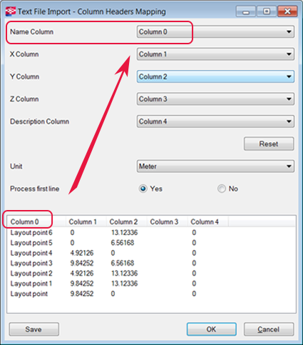 Layout non riconosce l'intestazione, viene visualizzata la finestra di dialogo Importazione file di testo - Mappatura intestazioni colonne. Per definire le colonne di intestazione del file punto: 1.