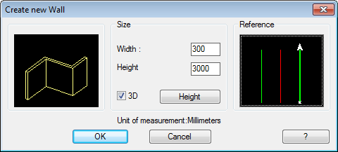Cliccate ora sul pulsante MURI 2D/3D nella toolbar degli elementi architettonici di MasterChef. Assicuratevi di aver impostato: Larghezza: 300 mm Altezza: 3.