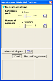 Creazione manuale di disegni da ricamo da immagini (Design Center) Sarà visualizzata la finestra di dialogo Impostazione Attributi di Cucitura per il contorno o la porzione di contorno selezionati. 5.