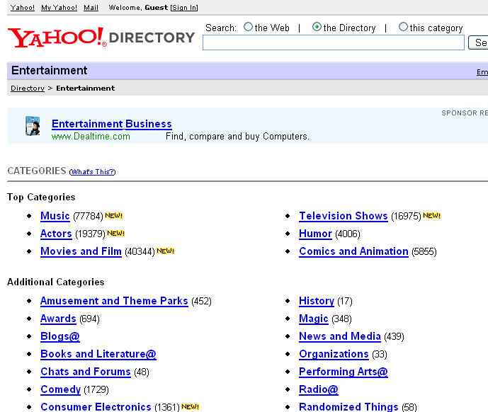 Subject Tree Scegliendo una delle principali categorie alla sinistra della pagina (ad es. Entertainment) si accede alla directory con le sotto categorie relative.