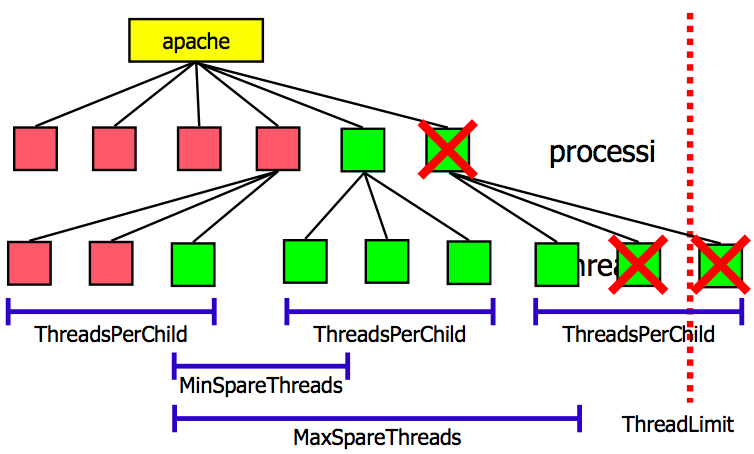 Worker Lavora con processi e thread (sono loro a servire). Un processo padre lancia StartServers processi figli (in seguito il numero può variare).