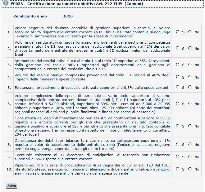 Certificazione parametri obiettivi L ente dovrà compilare il seguente modulo EP033 Certificazione parametri obiettivi 3 sulla base di ciò che è riportato nel rendiconto dell anno precedente a quello