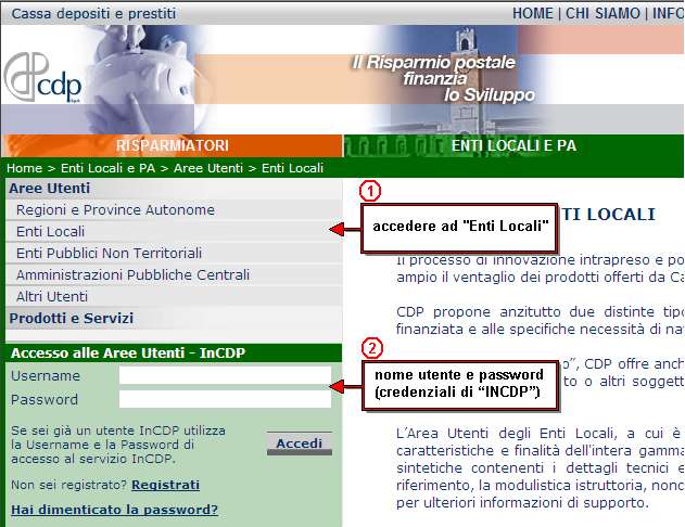 Come accedere 1) accedere all'area riservata agli Enti Locali e PA ; 2) autenticarsi